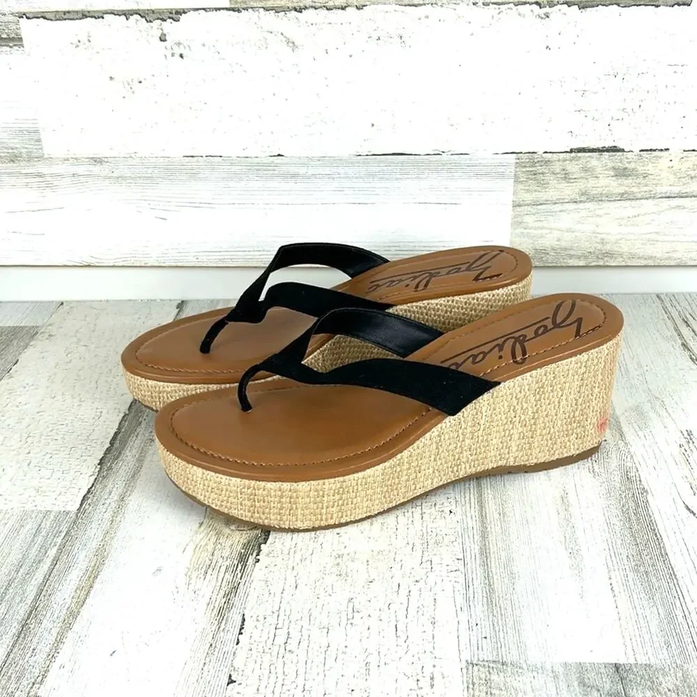 Zodiac Womens 10 Black Leather Espadrille Wedge Platform Sandals NEW